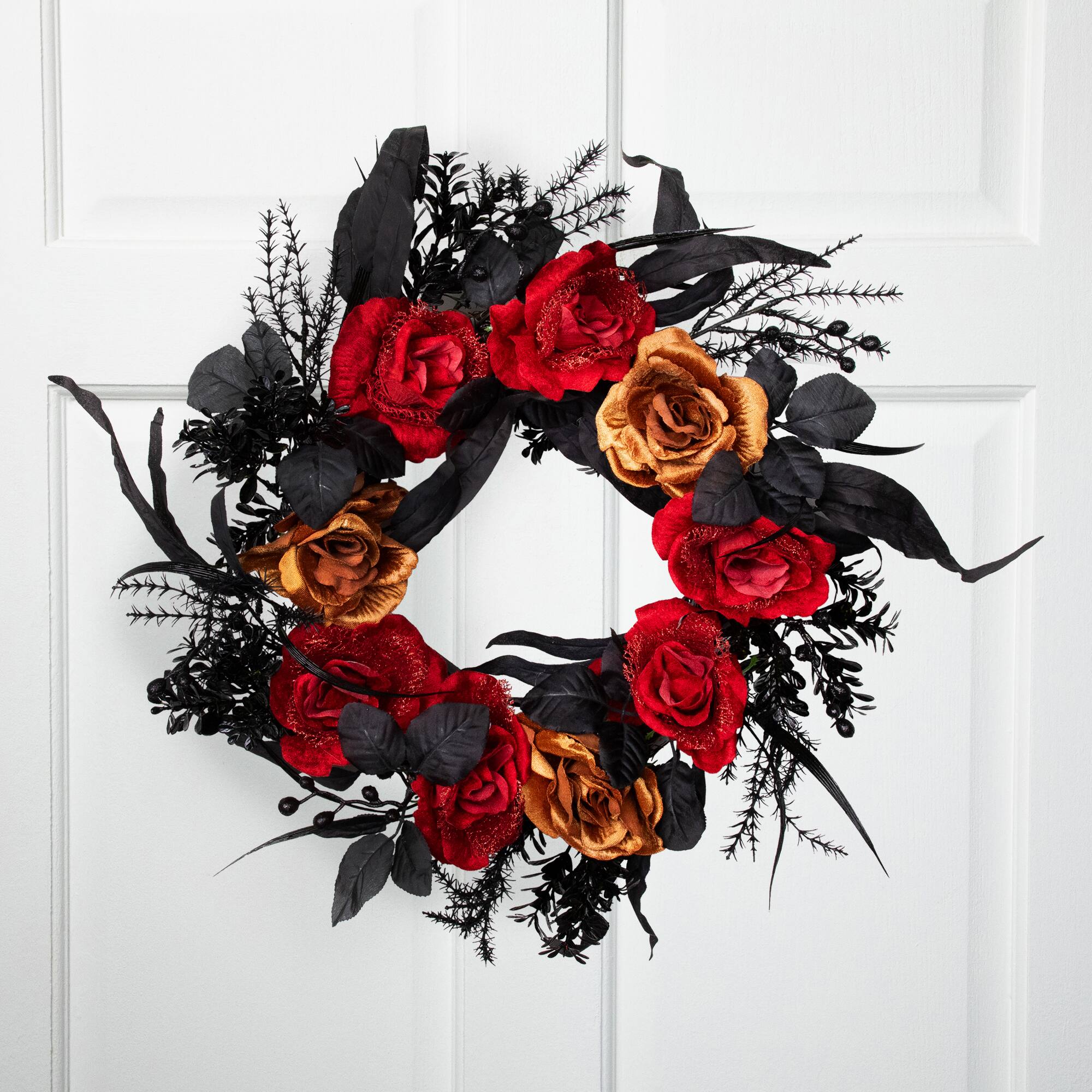 22" Red & Gold Roses with Black Foliage Halloween Wreath